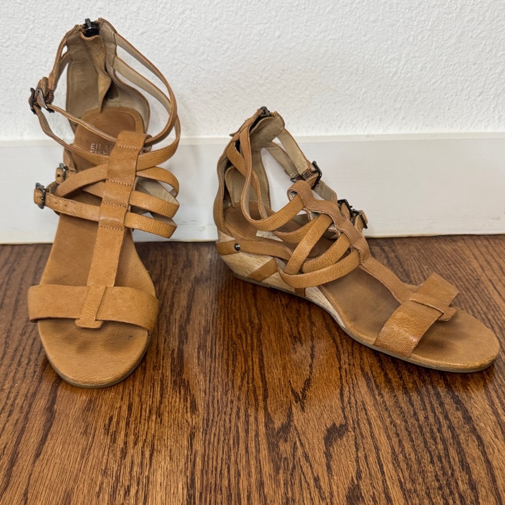 Elieen Fisher Tan Leather Echo Gladiator Sandal with Unique Wooden Heel, Sz 8